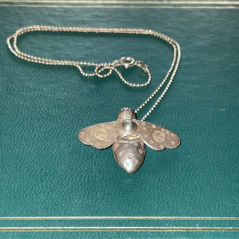 Sterling Silver 925 Hand Stamped Bee Pendant on 18 in Silver Chain C Clasp